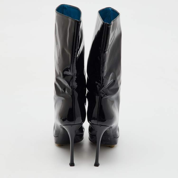 Pre Owned Yves Saint Laurent Black Patent Leather Mid Calf Platform Boots Size 39
