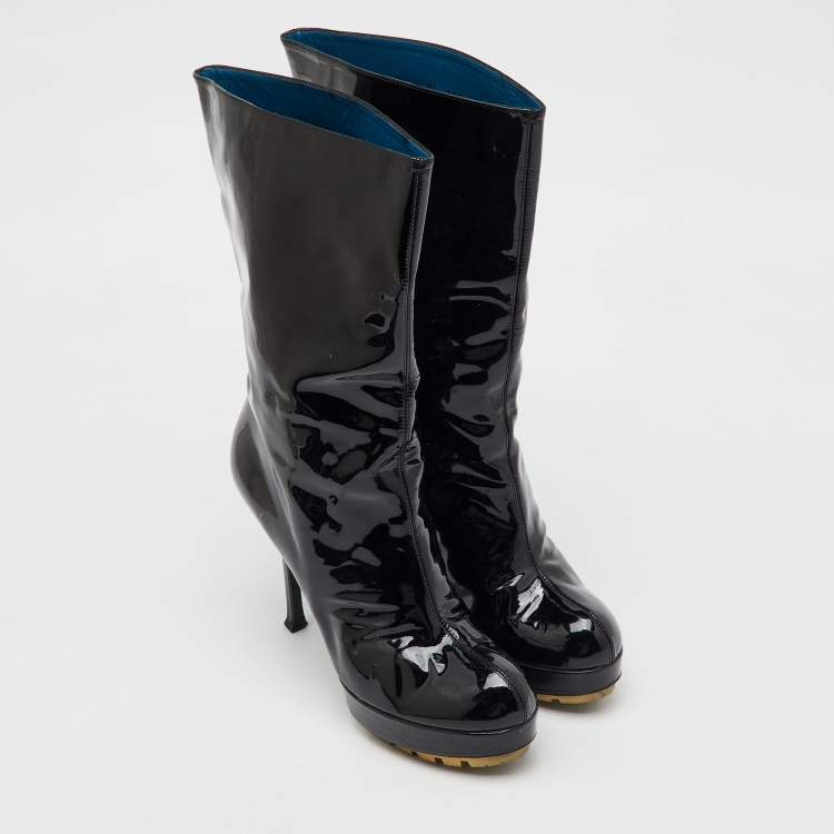Pre Owned Yves Saint Laurent Black Patent Leather Mid Calf Platform Boots Size 39