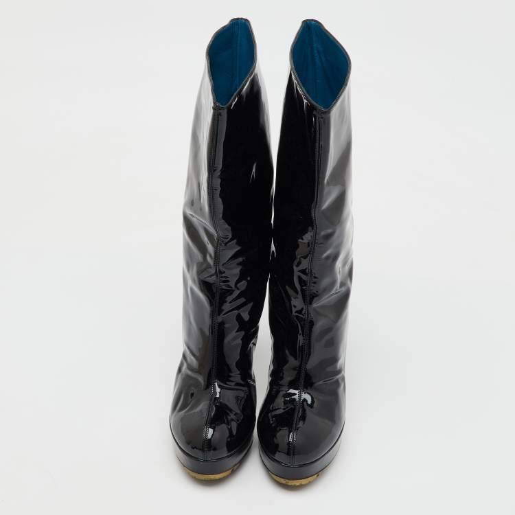 Pre Owned Yves Saint Laurent Black Patent Leather Mid Calf Platform Boots Size 39