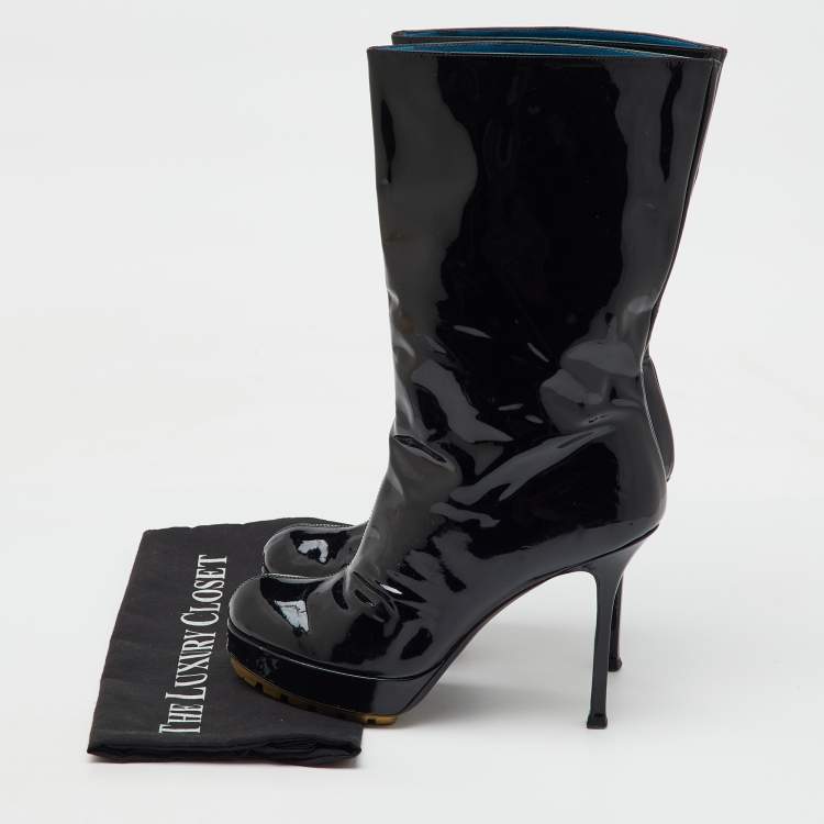Pre Owned Yves Saint Laurent Black Patent Leather Mid Calf Platform Boots Size 39