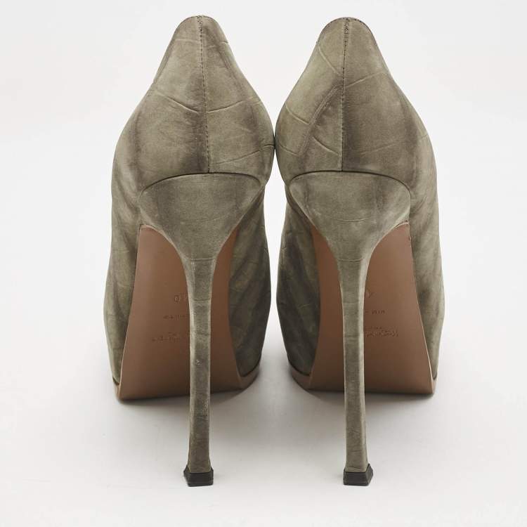 Pre Owned Yves Saint Laurent Sage Green Leather Tribtoo Platform Pumps Size 40