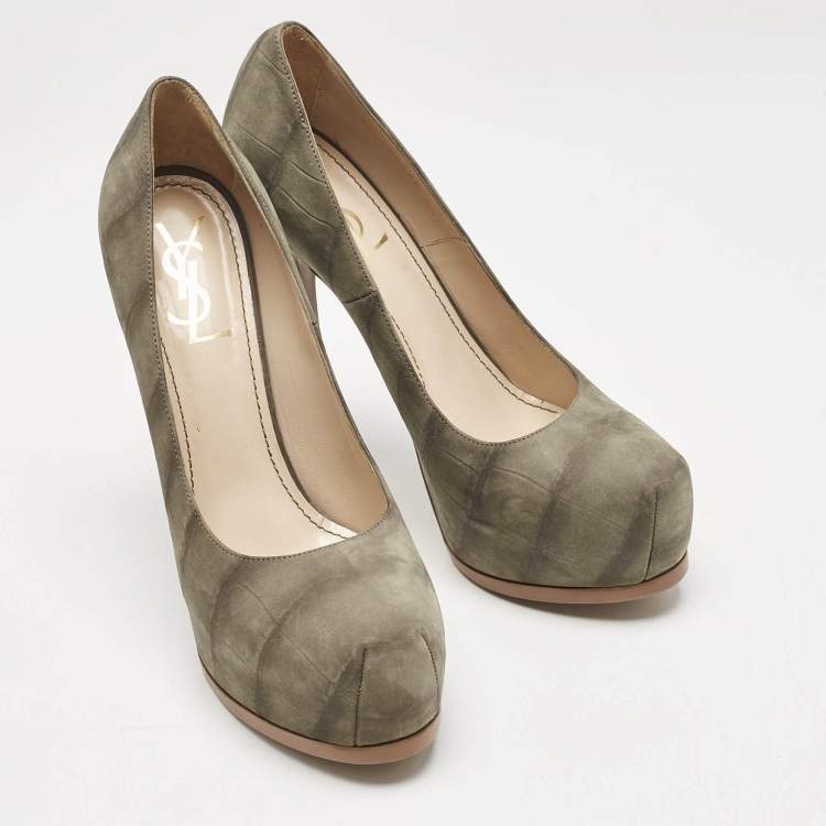 Pre Owned Yves Saint Laurent Sage Green Leather Tribtoo Platform Pumps Size 40