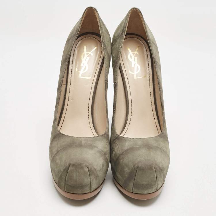 Pre Owned Yves Saint Laurent Sage Green Leather Tribtoo Platform Pumps Size 40