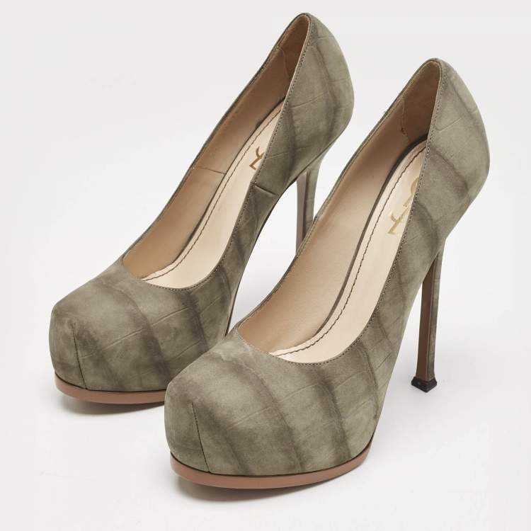 Pre Owned Yves Saint Laurent Sage Green Leather Tribtoo Platform Pumps Size 40
