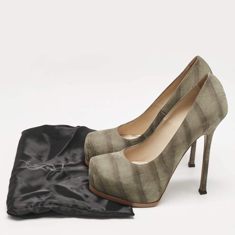 Pre Owned Yves Saint Laurent Sage Green Leather Tribtoo Platform Pumps Size 40