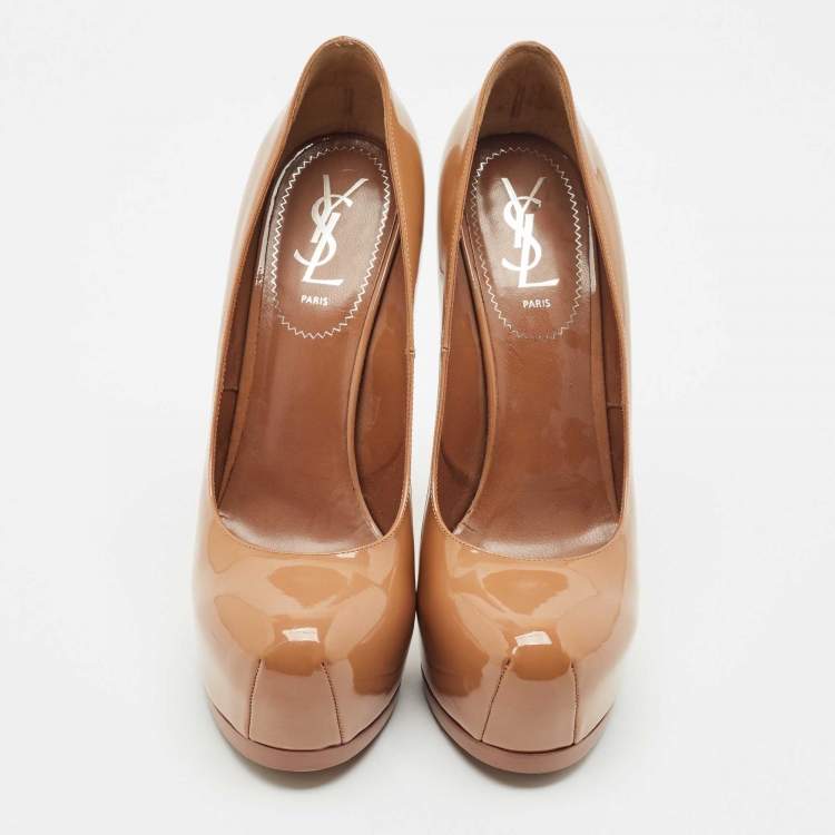 Pre Owned Yves Saint Laurent Beige Patent Leather Tribtoo Platform Pumps Size 39.5