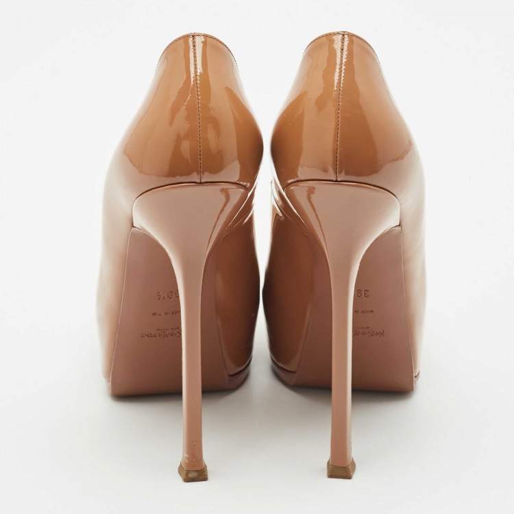 Pre Owned Yves Saint Laurent Beige Patent Leather Tribtoo Platform Pumps Size 39.5