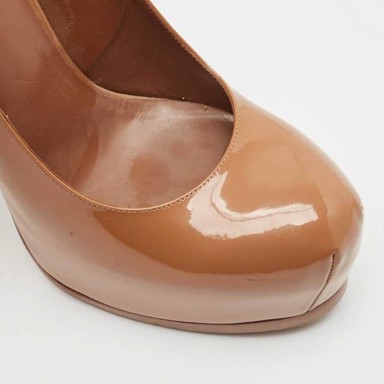 Pre Owned Yves Saint Laurent Beige Patent Leather Tribtoo Platform Pumps Size 39.5