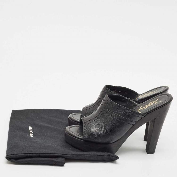 Pre Owned Yves Saint Laurent Black Leather Wooden Platform Mules Size 38.5