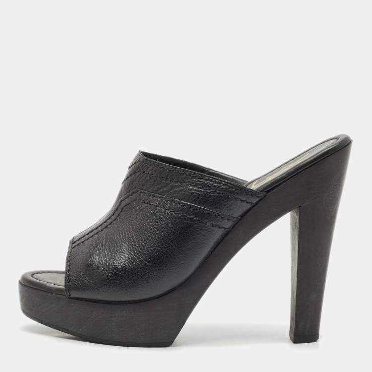 Pre Owned Yves Saint Laurent Black Leather Wooden Platform Mules Size 38.5