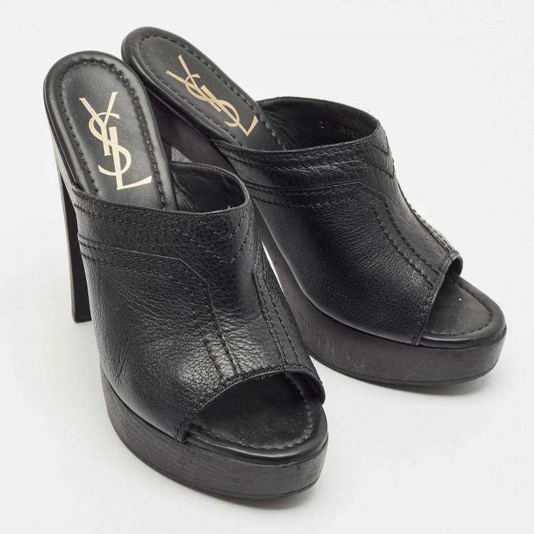 Pre Owned Yves Saint Laurent Black Leather Wooden Platform Mules Size 38.5