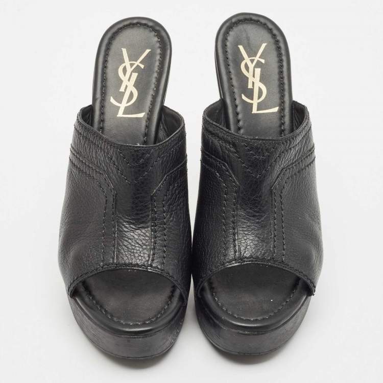 Pre Owned Yves Saint Laurent Black Leather Wooden Platform Mules Size 38.5