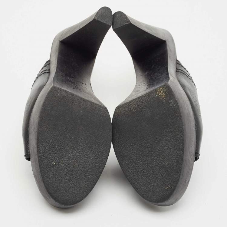 Pre Owned Yves Saint Laurent Black Leather Wooden Platform Mules Size 38.5