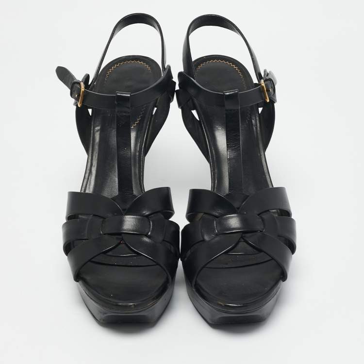 Pre Owned Yves Saint Laurent Black Leather Tribute Platform Sandals Size 40
