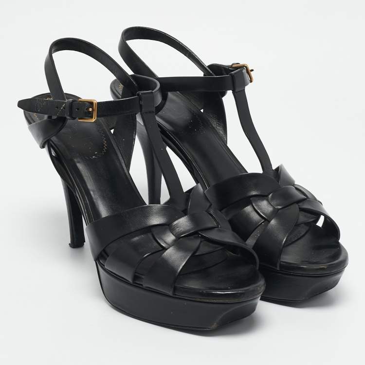 Pre Owned Yves Saint Laurent Black Leather Tribute Platform Sandals Size 40