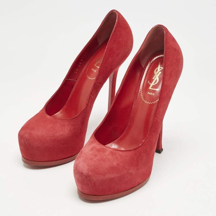 Pre Owned Yves Saint Laurent Red Tribtoo Platform Pumps Size 38.5