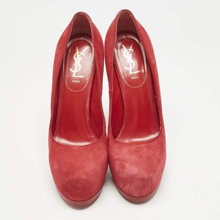 Pre Owned Yves Saint Laurent Red Tribtoo Platform Pumps Size 38.5