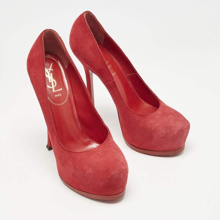 Pre Owned Yves Saint Laurent Red Tribtoo Platform Pumps Size 38.5
