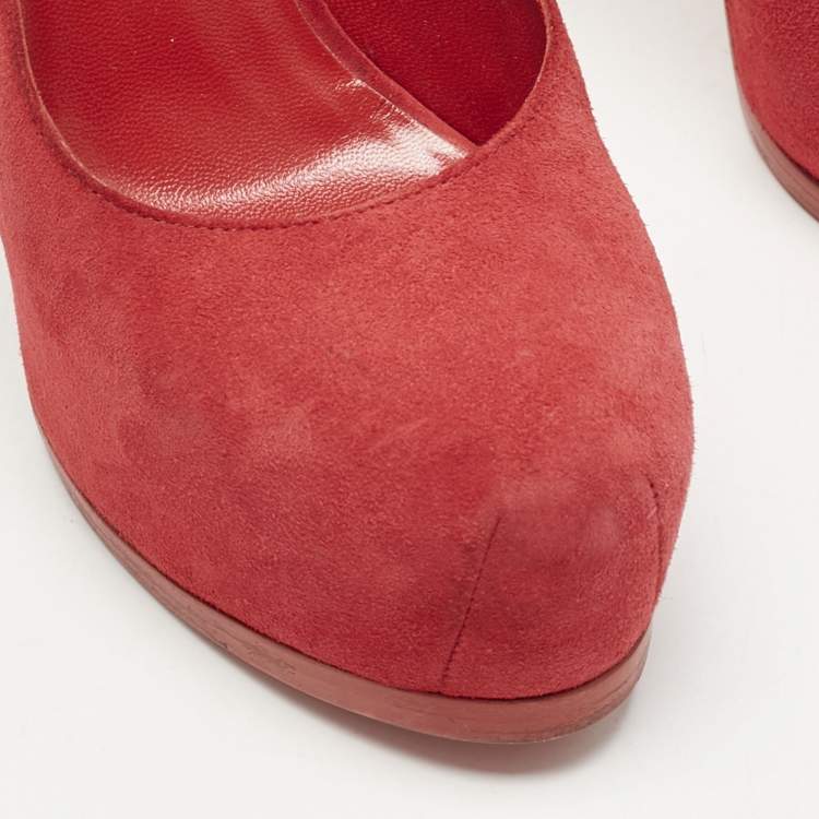 Pre Owned Yves Saint Laurent Red Tribtoo Platform Pumps Size 38.5