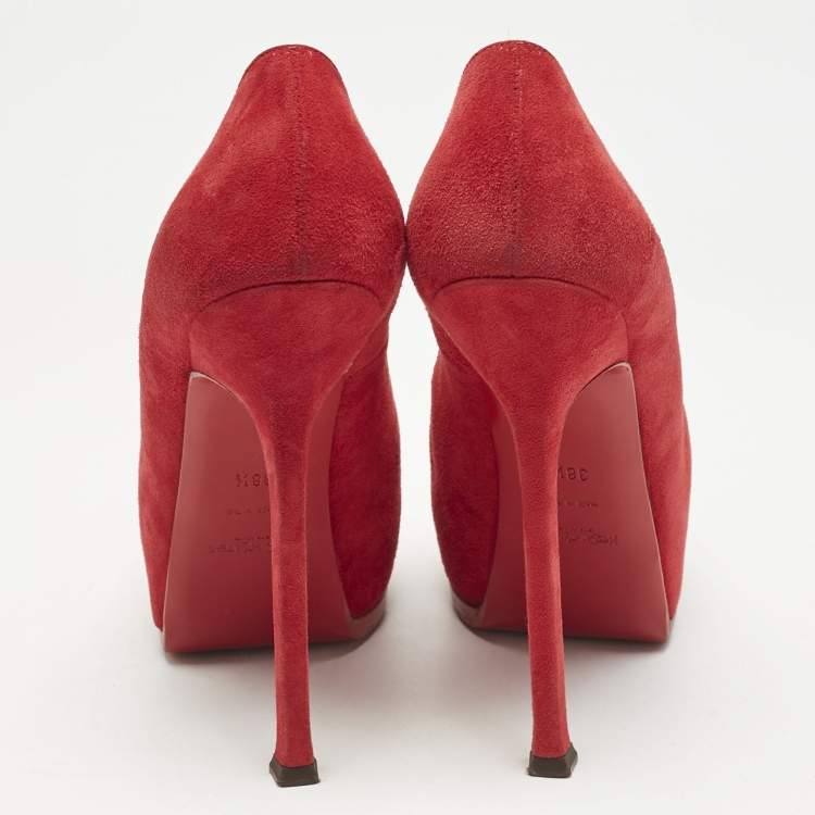 Pre Owned Yves Saint Laurent Red Tribtoo Platform Pumps Size 38.5