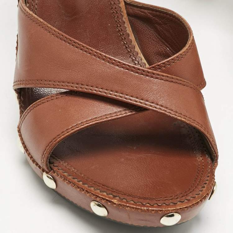 Pre Owned Yves Saint Laurent Brown Leather Platform Ankle Strap Sandals Size 39