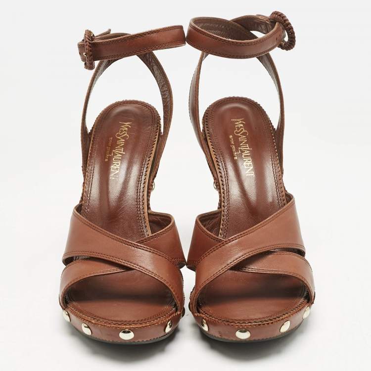 Pre Owned Yves Saint Laurent Brown Leather Platform Ankle Strap Sandals Size 39