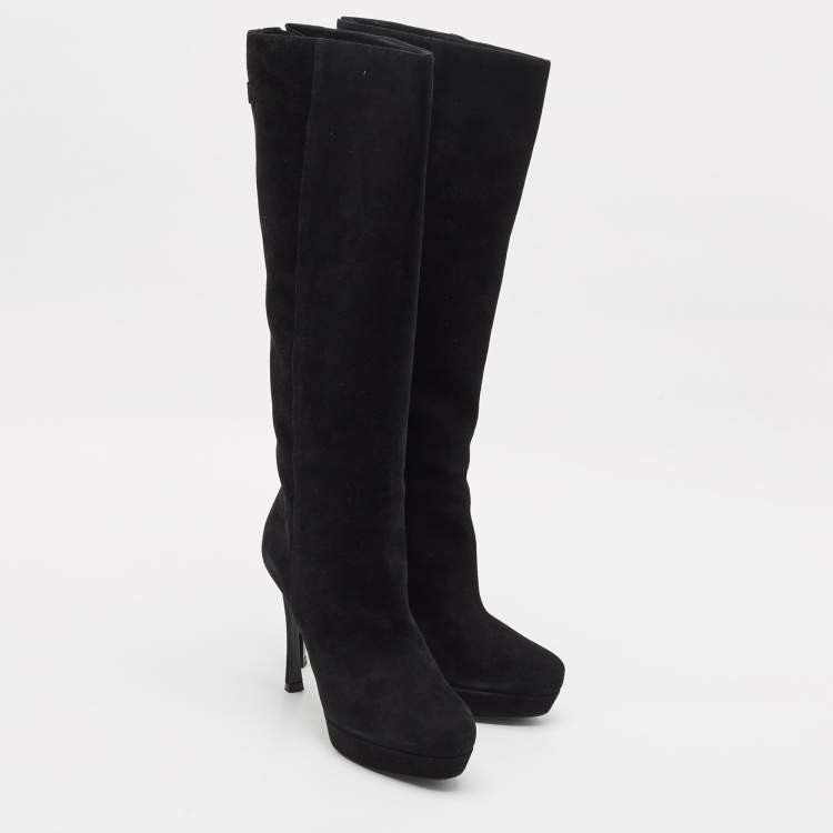 Pre Owned Yves Saint Laurent Black Suede Knee Length Boots Size 39