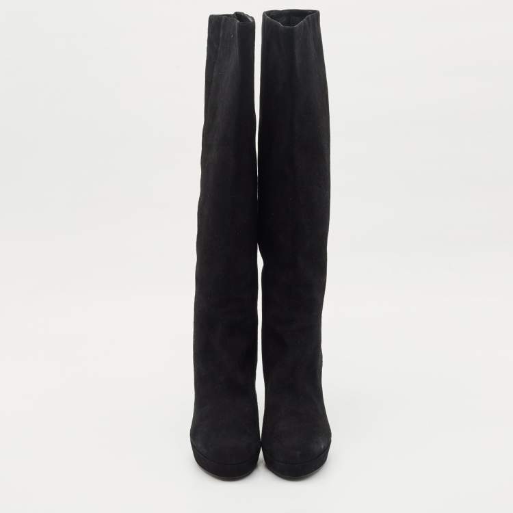 Pre Owned Yves Saint Laurent Black Suede Knee Length Boots Size 39