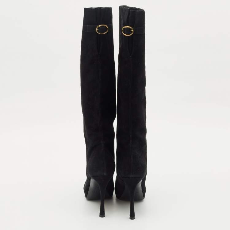 Pre Owned Yves Saint Laurent Black Suede Knee Length Boots Size 39