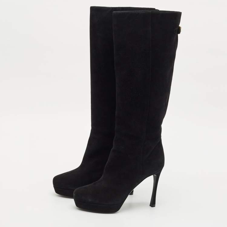 Pre Owned Yves Saint Laurent Black Suede Knee Length Boots Size 39