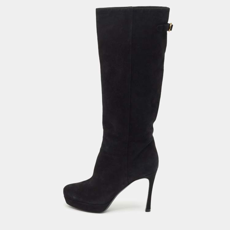 Pre Owned Yves Saint Laurent Black Suede Knee Length Boots Size 39