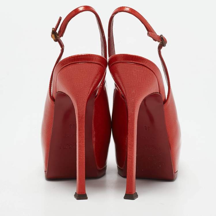 مملوكة مسبقًا Yves Saint Laurent Red Patent Leather Tribtoo Slingback Pumps Size 38
