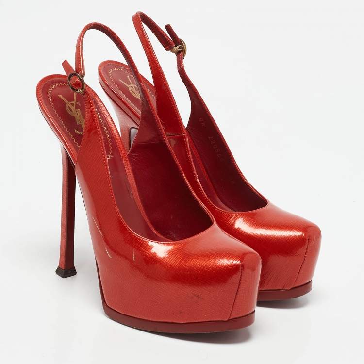 مملوكة مسبقًا Yves Saint Laurent Red Patent Leather Tribtoo Slingback Pumps Size 38