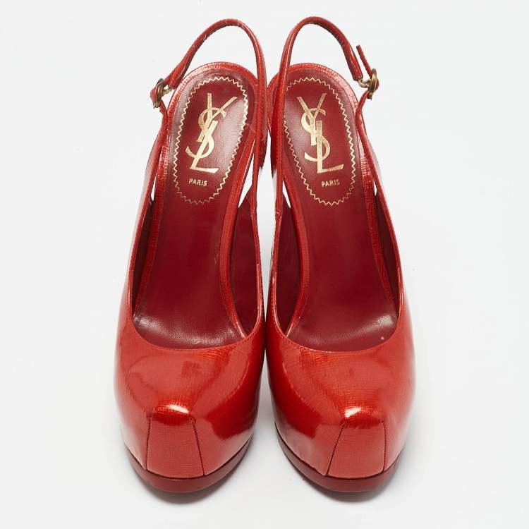 مملوكة مسبقًا Yves Saint Laurent Red Patent Leather Tribtoo Slingback Pumps Size 38