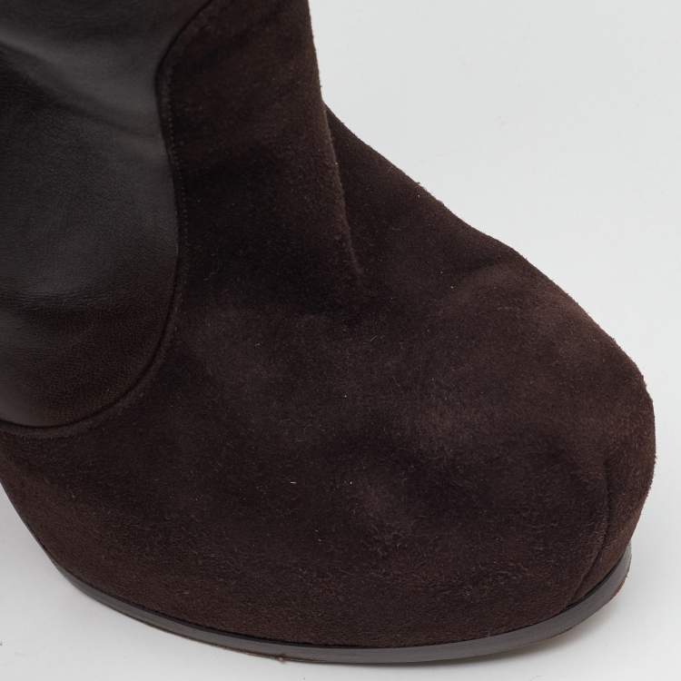 Pre Owned Yves Saint Laurent Dark Brown Suede and Leather Platform Knee High Boots Size 40