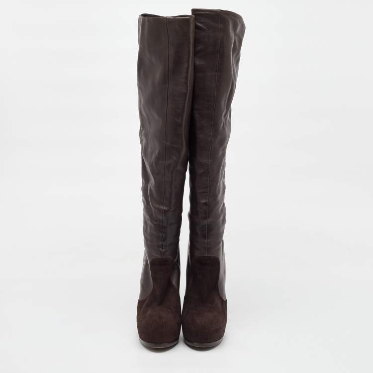 Pre Owned Yves Saint Laurent Dark Brown Suede and Leather Platform Knee High Boots Size 40