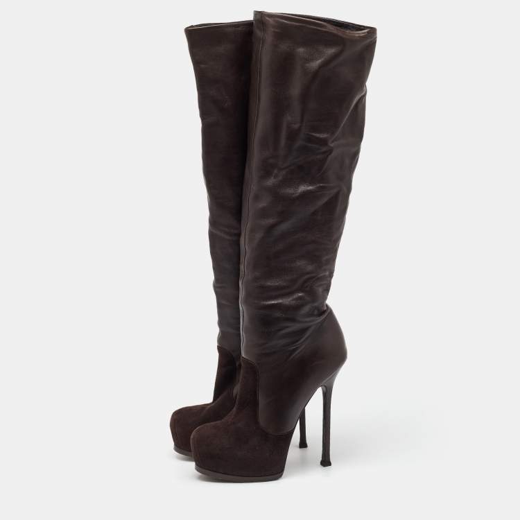 Pre Owned Yves Saint Laurent Dark Brown Suede and Leather Platform Knee High Boots Size 40