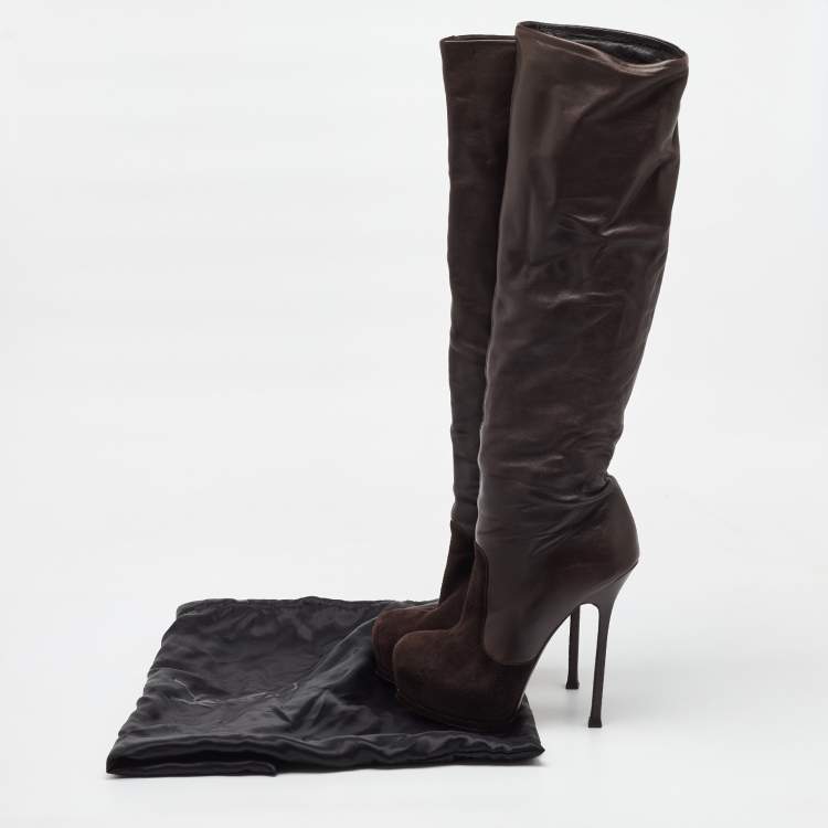 Pre Owned Yves Saint Laurent Dark Brown Suede and Leather Platform Knee High Boots Size 40