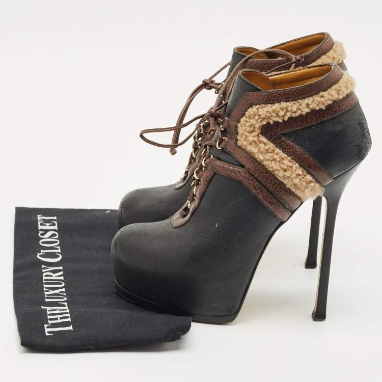 Pre Owned Yves Saint Laurent Black/Brown Shearling Fur and Suede Tribtoo Ankle Length Boots Size 38.5