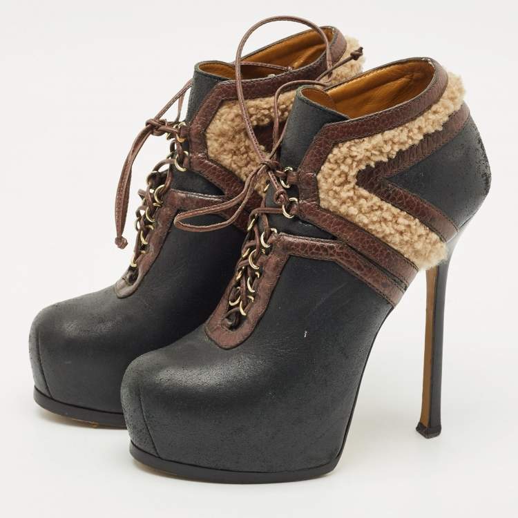 Pre Owned Yves Saint Laurent Black/Brown Shearling Fur and Suede Tribtoo Ankle Length Boots Size 38.5