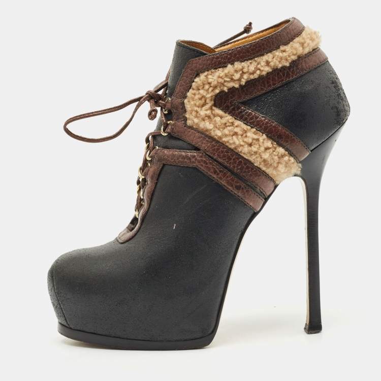 Pre Owned Yves Saint Laurent Black/Brown Shearling Fur and Suede Tribtoo Ankle Length Boots Size 38.5