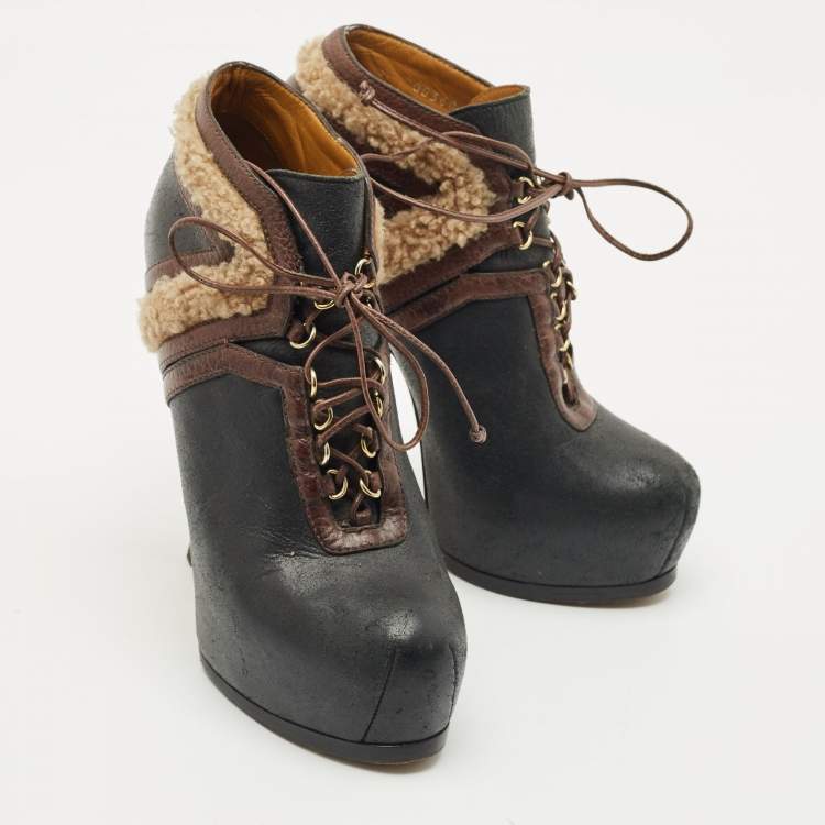 Pre Owned Yves Saint Laurent Black/Brown Shearling Fur and Suede Tribtoo Ankle Length Boots Size 38.5