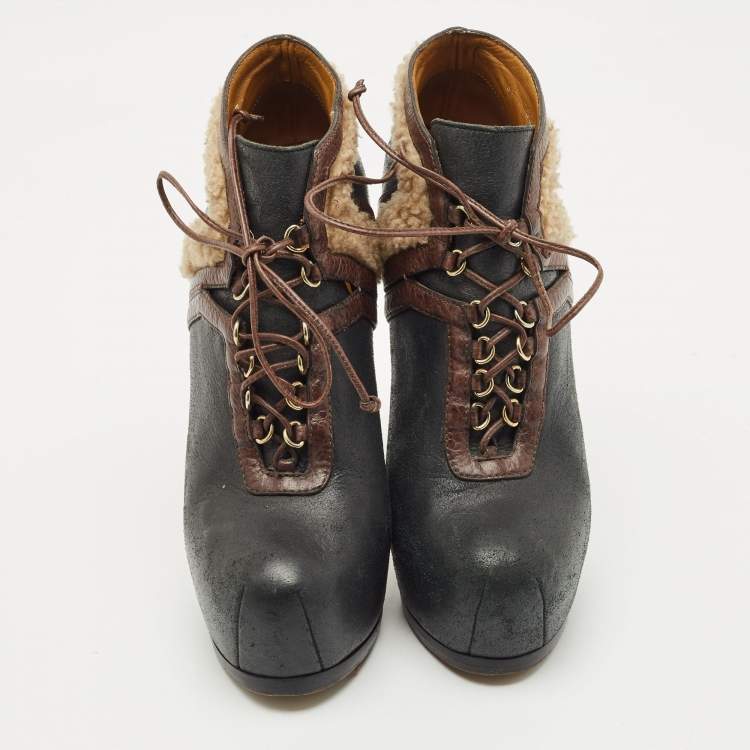 Pre Owned Yves Saint Laurent Black/Brown Shearling Fur and Suede Tribtoo Ankle Length Boots Size 38.5