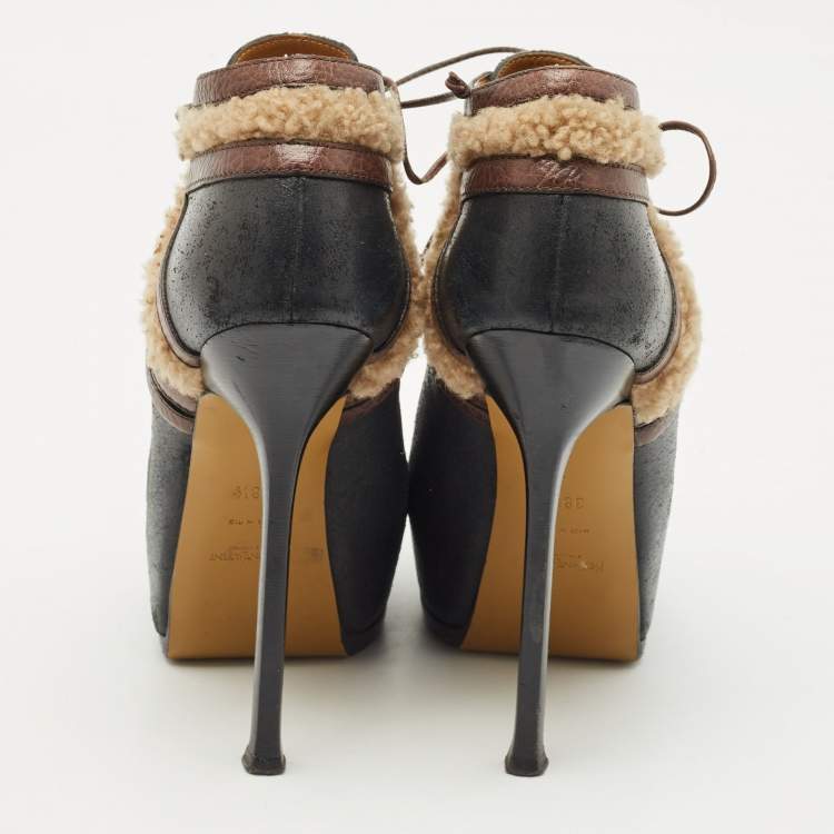 Pre Owned Yves Saint Laurent Black/Brown Shearling Fur and Suede Tribtoo Ankle Length Boots Size 38.5