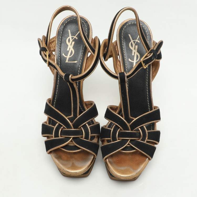 Pre Owned Yves Saint Laurent Black/Gold Leather and Suede Tribute Ankle Strap Sandals Size 39