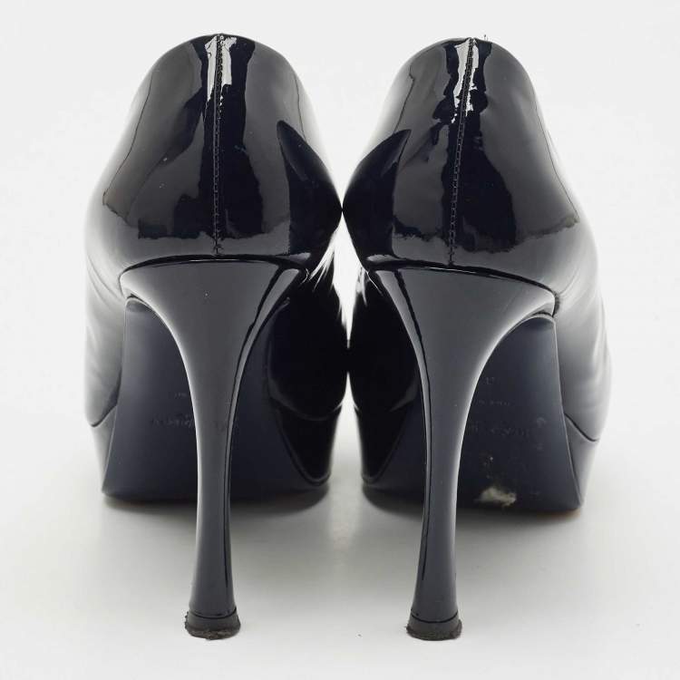 Pre Owned Yves Saint Laurent Navy Blue Patent Leather Peep Toe Ankle Strap Pumps Size 37