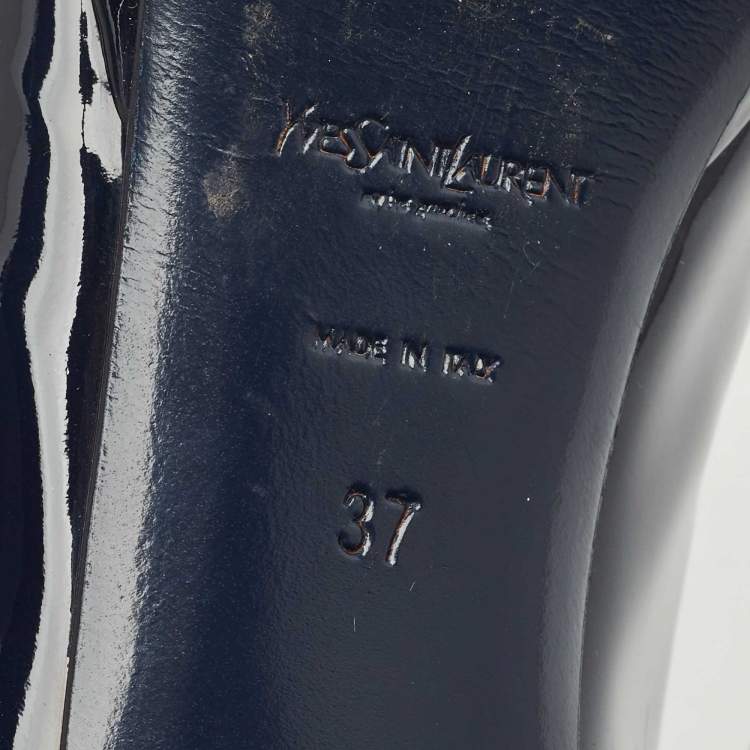 Pre Owned Yves Saint Laurent Navy Blue Patent Leather Peep Toe Ankle Strap Pumps Size 37