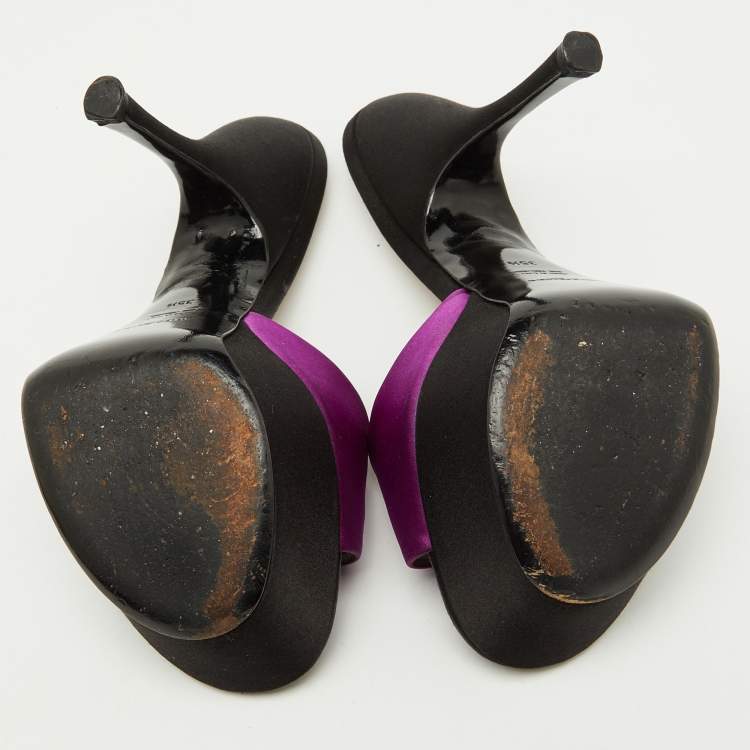 Pre Owned Yves Saint Laurent Purple/Black Satin Platform Slide Sandals Size 35.5