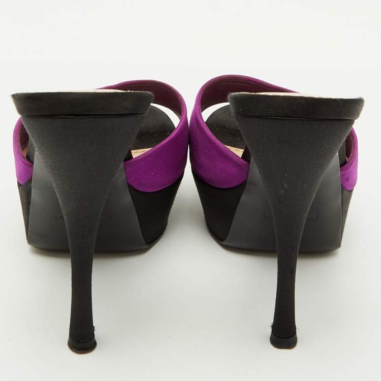 Pre Owned Yves Saint Laurent Purple/Black Satin Platform Slide Sandals Size 35.5