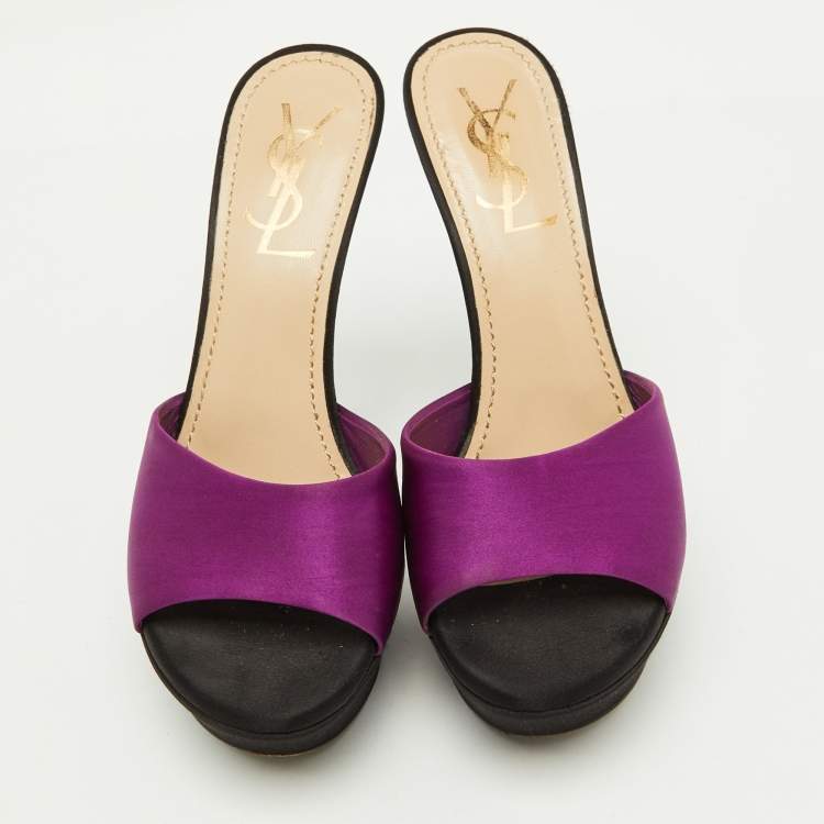 Pre Owned Yves Saint Laurent Purple/Black Satin Platform Slide Sandals Size 35.5
